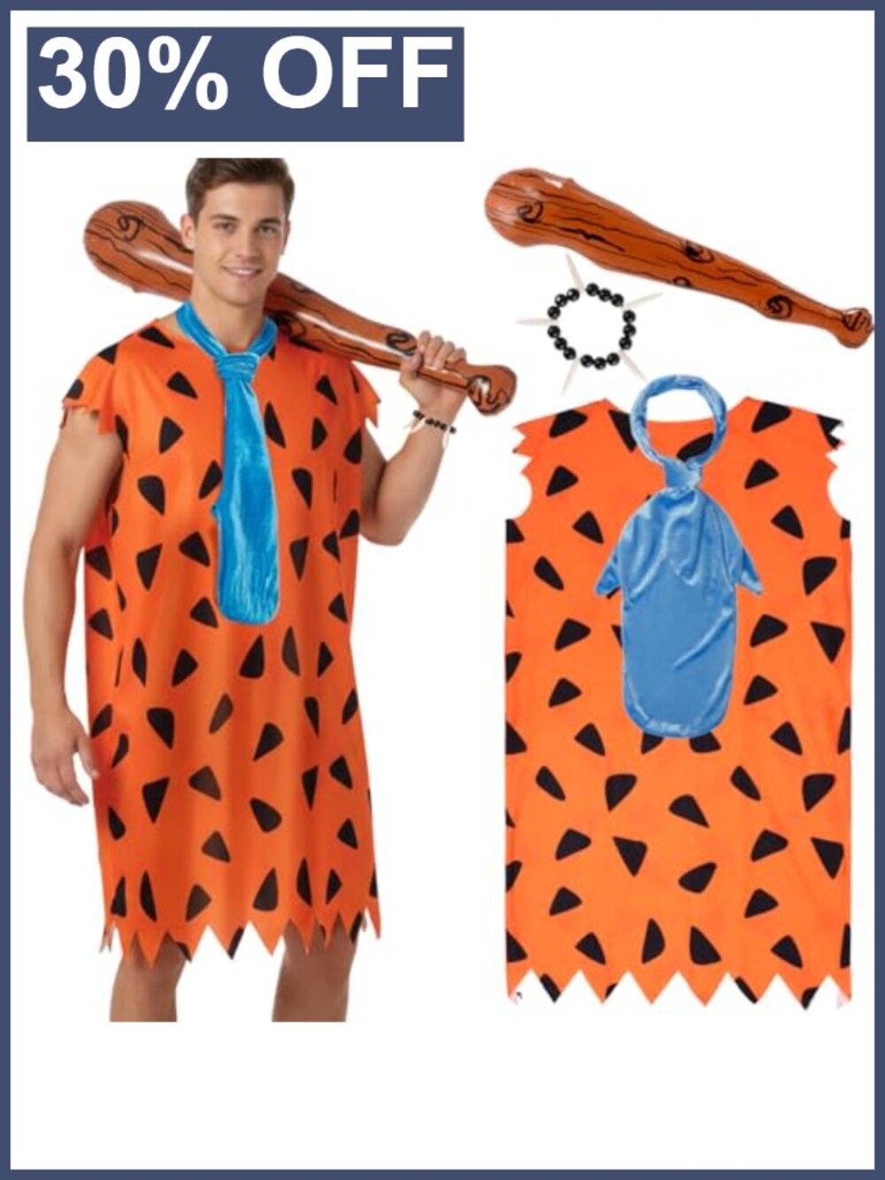Adult Caveman Halloween Costume Set Tunic Tie Bat Bracelet Cosplay Party